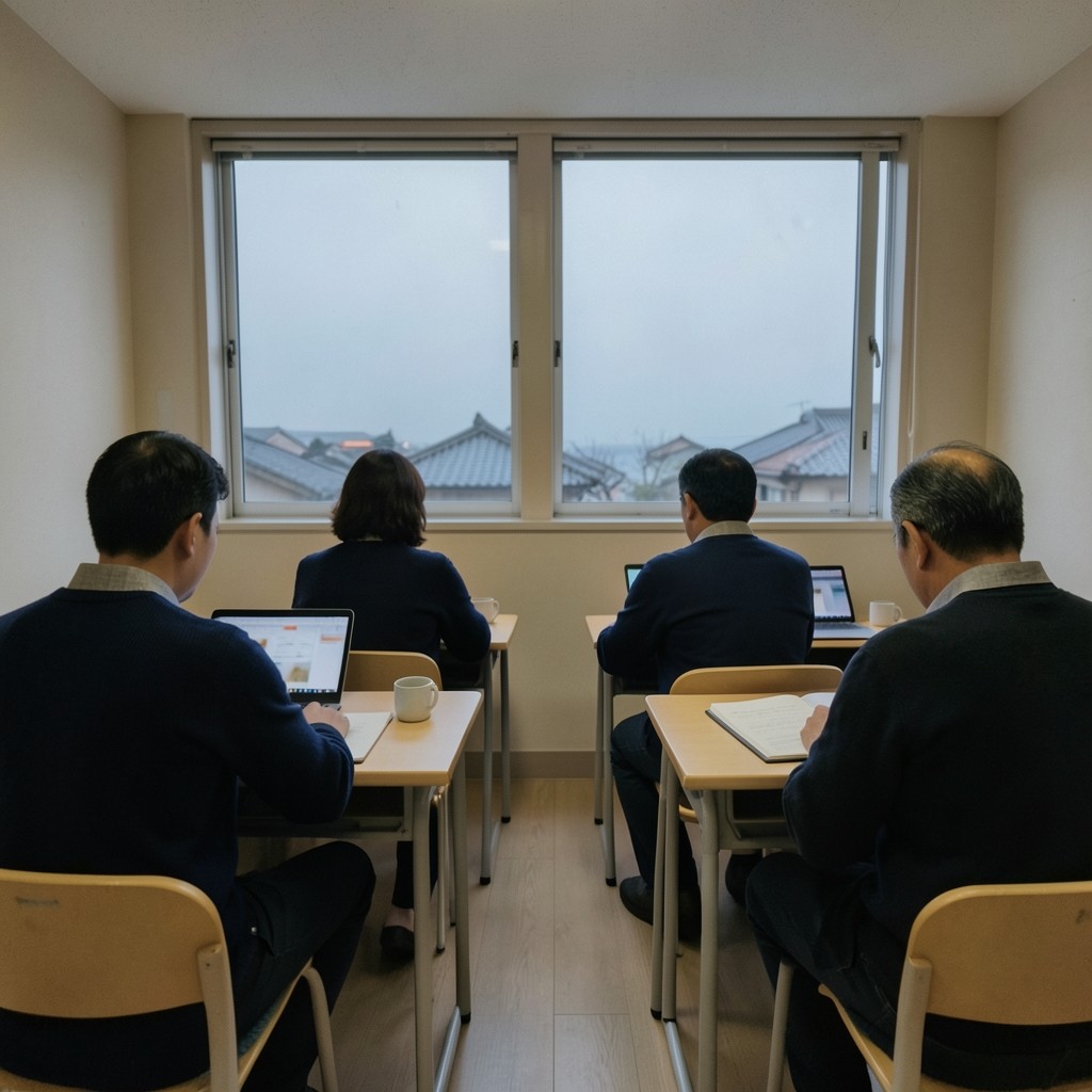 큰 창이 있는 백수읍 교실에서 어른들이 노트북과 노트를 두고 앉아 있는 저녁 수업
